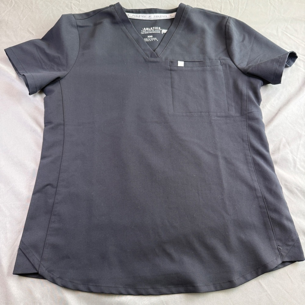 Fabletics Scrub Top Women XXS Black V-Neck Short Sleeve Performance TS2500506
